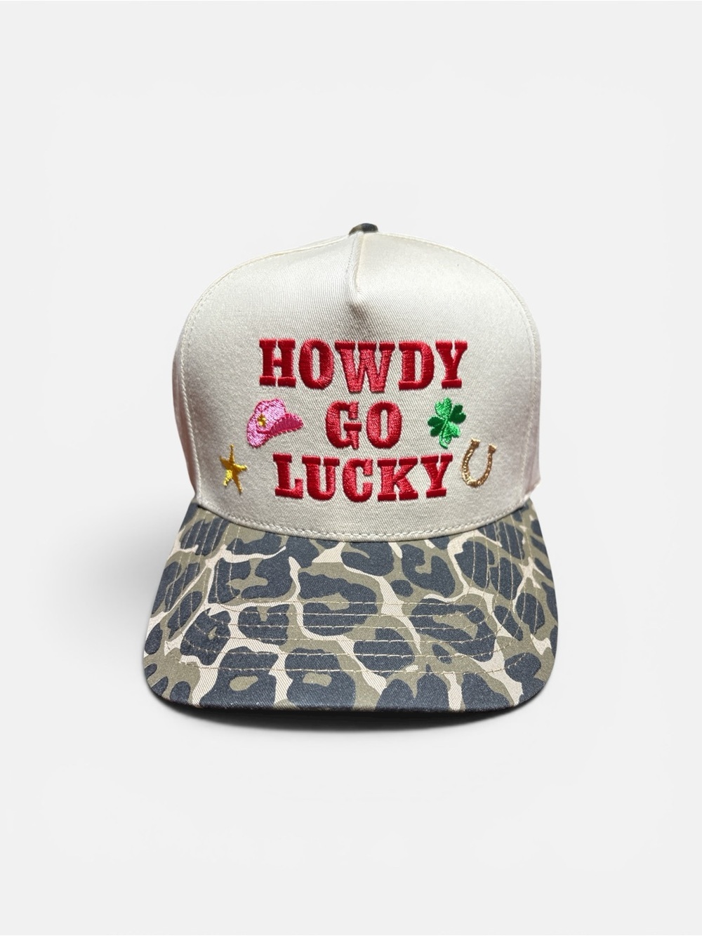 Embroidered 'Howdy Go Lucky' Trucker Hat - Cream with Gray Camo Brim